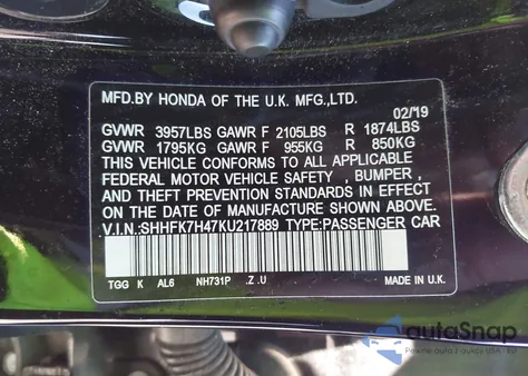 2019 Honda Civic Sport from USA, damaged, VIN SHHFK7H47KU217889